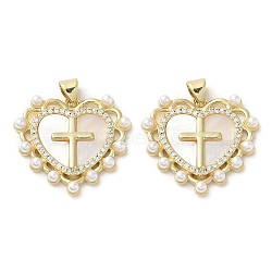 Brass Pave Shell Pendants, Religion Cross Charms with ABS Imitation Pearl, Real 18K Gold Plated, Heart, 23x25x3.5mm, Hole: 3.5x4.5mm(KK-I708-17H-G)