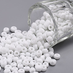 Glass Seed Beads, Opaque Colours Seed, Round, White, Size: about 4mm in diameter, hole:1.5mm, about 1000pcs/100g(X1-SEED-A010-4mm-41)