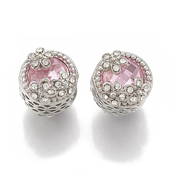 Alloy Rhinestone Beads, Hollow, Large Hole Beads, Flat Round with Flower, Rose, Platinum, 12x15mm, Hole: 5.5mm