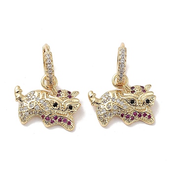 Real 18K Gold Plated Brass Dangle Hoop Earrings, with Cubic Zirconia, Lion, Deep Pink, 21x16mm