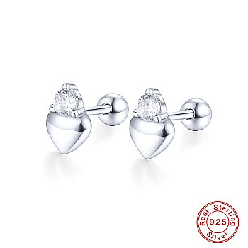 Rhodium Plated 925 Sterling Silver Heart Stud Earring with Cubic Zirconia, Platinum, 7x3mm