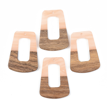 Opaque Resin & Walnut Wood Pendants, Trapezoid, Light Salmon, 37.5x27x3mm, Hole: 2mm