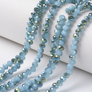 Electroplate Glass Beads Strands, Imitation Jade Beads, Pearl Luster Plated, Half Green Plated, Faceted, Rondelle, Turquoise, 8x6mm, Hole: 1mm, about 68pcs/strand, 15.5 inch(38.75cm)