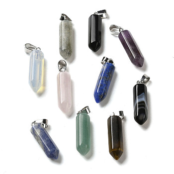 Natural & Synthetic Mixed Gemstone Pointed Pendants, Faceted Bullet Charms with Brass Snap on Bails, Platinum, 24~25x6~6.5x6~6.5mm, Hole: 6x3mm
