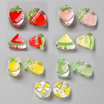 14Pcs 7 Style Transparent Enamel Acrylic Beads, Pineapple & Strawberry & Orange & Watermelon, Mixed Color, 25x15x9mm, Hole: 3.5mm, 2pcs/style