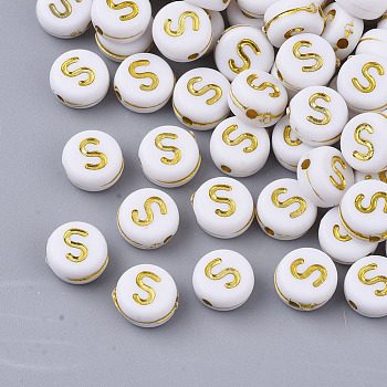 Plating Acrylic Beads, Golden Metal Enlaced, Horizontal Hole, Flat Round with Alphabet, White, Letter.S, 7x3.5mm, Hole: 1.2mm, about 3600pcs/500g