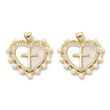 Brass Pave Shell Pendants, Religion Cross Charms with ABS Imitation Pearl, Real 18K Gold Plated, Heart, 23x25x3.5mm, Hole: 3.5x4.5mm