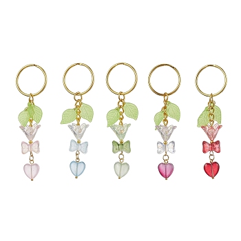 Bowknot & Heart Glass Pendant Decorations, with Acrylic Leaf/Flower Charm amd Iron Split Key Rings, Mixed Color, 8.8cm