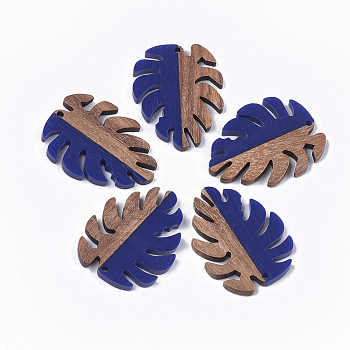 Resin & Walnut Wood Pendants, Tropical Leaf Charms, Monstera Leaf, Dark Blue, 37.5x30x3~3.5mm, Hole: 2mm