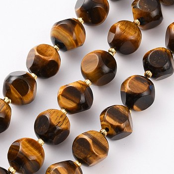 Natural Tiger Eye Beads Strands, with Seed Beads, Six Sided Celestial Dice, Faceted, 14~14.5x14~14.5mm, Hole: 1mm, about 13pcs/strand, 7.99 inch(20.3cm)