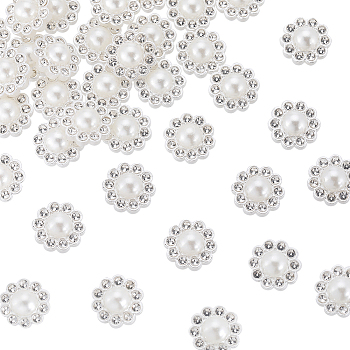 100Pcs Resin Imitation Pearl Cabochons, with Crystal Rhinestone, Flower, White, 13x14x6mm