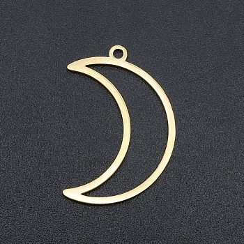 Ion Plating(IP) 201 Stainless Steel Pendants, Moon Charm, Laser Cut, Real 18K Gold Plated, 26x18x1mm, Hole: 1.6mm