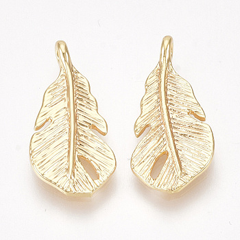 Brass Pendants, Feather, Nickel Free, Real 18K Gold Plated, 18x8.5x3mm, Hole: 1mm