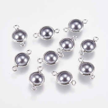 Acrylic Pearls Links connectors, with Brass Findings, Round, Real Platinum Plated, 13.5x8x4.5mm, Hole: 1mm