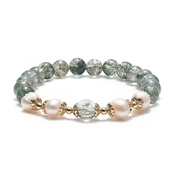 Imitation Green Quartz Glass & Natural Pearl & Brass Flower Beaded Stretch Bracelet for Women, Medium Sea Green, Inner Diameter: 2-1/8 inch(5.4cm)