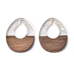 Epoxy Resin & Walnut Wood Pendants, with Paillette/Sequin, Teardrop, Lavender, 37x28x3mm, Hole: 2mm(RESI-T057-12A)