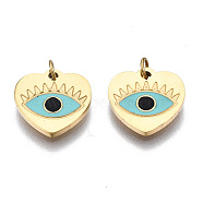 316 Surgical Stainless Steel Enamel Charms, with Jump Rings, Real 14K Gold Plated, Heart with Evil Eye, Pale Turquoise, 9.5x10x1mm, Jump Ring: 2.7x0.4mm, 1.9mm inner diameter(STAS-S116-379B-G)