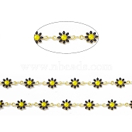 Handmade Eanmel Daisy Flower Link Chains, with Real 18K Gold Plated Brass Findings, Soldered, with Spool, Black, Link: 7.5x13x2mm(CHC-F015-05G-01)