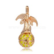 Golden Plated Brass Hollow Round Cage Pendants, with No Hole Spray Painted Brass Round Beads, Angel, Yellow, 44x29x20mm, Hole: 3x8mm(KK-J249-02G)