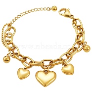 Titanium Steel Heart Charm Bracelets for Women, Multi-strand Bracelets, with Cable Chains & Ball Chains, Golden(BJEW-BB69676-I)