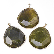 Natural Crackle Agate Big Pendants, with Light Gold Plated Brass Edge & Pinch Bails, Dyed & Heated, Oval, Faceted, Dark Khaki, 61~62x54~55x12~14mm, Hole: 4x7mm(G-R469-05D)