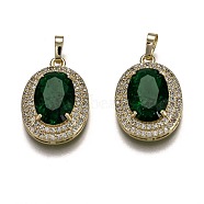 Golden Plated Brass Micro Pave Clear Cubic Zirconia Pendants, with Glass, with Snap on Bails, Long-Lasting Plated, Oval, Green, 22.5x16x7mm, Hole: 3x5mm(ZIRC-F123-02J)