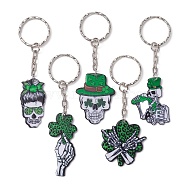 Saint Patrick's Day Printed Acrylic Pendants Keychain, with Iron Split Key Rings, Skull, Platinum, 8.8~9.7cm(KEYC-JKC00523)