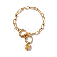 316 Stainless Steel Paperclip Chain Bracelet with Heart Charm for Women, Golden, 7-1/4 inch(18.5cm)(BJEW-G655-07G)