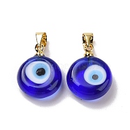 Handmade Lampwork Evil Eye Pendants, with Real 18K Gold Plated Brass Findings, Cadmium Free & Lead Free, Dark Blue, 15x12x5mm, Hole: 4.5x3.5mm(LAMP-P057-01G-02)
