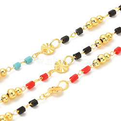 Brass Handmade Beaded Chains, with Glass Beads, with Spool, Unwelded, Real 18K Gold Plated, Colorful, 0.5~7x2~4mm, about 32.81 Feet(10m)/Roll(CHC-P011-B02-G)