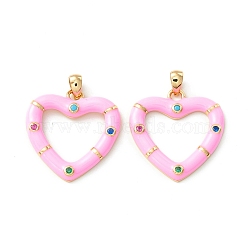 Rack Plating Brass Micro Pave Colorful Cubic Zirconia Pendants, with Enamel, Cadmium Free & Nickel Free & Lead Free, Real 18K Gold Plated, Heart, Pink, 21x20.5x2.5mm, Hole: 4.5x2mm(KK-D073-07G-04)