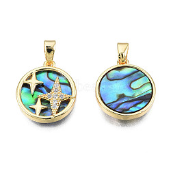 Brass Micro Pave Clear Cubic Zirconia Pendants, with Synthetic Abalone Shell/Paua Shells, Star Charms, Real 18K Gold Plated, Nickel Free, Flat Round, Colorful, 16x14x3mm, Hole: 2.5x4mm(KK-N233-407)