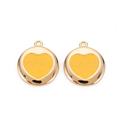 Brass Enamel Pendants, Nickel Free, Real 18K Gold Plated, Flat Round with Heart, Goldenrod, 16x14x2mm, Hole: 1.2mm(KK-S356-587A-NF)