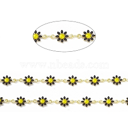 Handmade Eanmel Daisy Flower Link Chains, with Real 18K Gold Plated Brass Findings, Soldered, with Spool, Black, Link: 7.5x13x2mm(CHC-F015-05G-01)