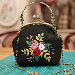 DIY Kiss Lock Coin Purse Embroidery Kit, Including Embroidered Fabric, Embroidery Needles & Thread, Metal Purse Handle, Flower Pattern, Black, 210x165x40mm(PW22062825209)
