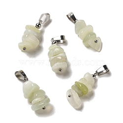Natural New Jade Chip Pendants, Lucky Charms with Stainless Steel Color Plated Stainless Steel Snap on Bails, 24~27x11~14x7~10mm, Hole: 7x4mm(G-H307-07P-08)