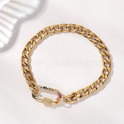 304 Stainless Steel Cuban Link Chains Bracelets, Brass Micro Pave Cubic Zirconia Screw Carabiner Lock Jewelry for Women, Real 18K Gold Plated, 7.68 inch(19.5cm)(BJEW-JB13530)