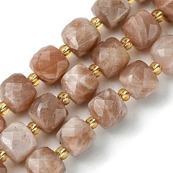 Natural Sunstone Beads Strands, with Seed Beads, Faceted Cube, 8~9x8~9x8~9mm, Hole: 0.9~1mm, about 35~39pcs/strand, 14.80''~15.16''(37.6~38.5cm)(G-Q010-A01-01)