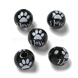 Printed Wood European Beads, Round with Word Pattern, Black, 15.5~16mm, Hole: 4~4.5mm(WOOD-G022-20I)