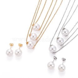 Ball 304 Stainless Steel Jewelry Sets, 3 Layer Cable Chains Necklaces and Stud Earrings, with Plastic Imitation Pearl, Lobster Claw Clasps and Ear Nuts, Mixed Color, 15.55 inch(39.5cm), 24x11.5mm, Pin: 0.6mm(SJEW-H302-24)