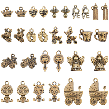 90Pcs 15 Style Zinc Alloy & Alloy Pendants, DIY Accessories for Jewelry Making, Tibetan Style, Antique Bronze, 10.5~28.5x8~20x1.8~10mm, Hole: 1.5~3mm, 6pcs/style