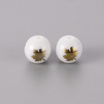 Electroplate Glass Beads, Round, Maple Leaf Pattern, Golden Plated, 10mm, Hole: 1.2mm