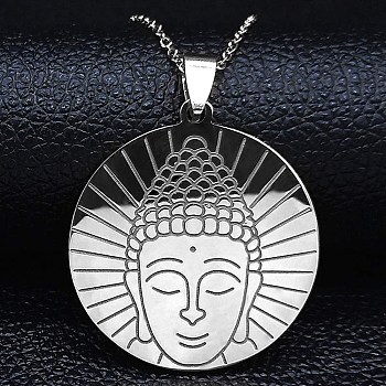 304 Stainless Steel Pendant Necklaces for Women Men, Buddhist Statues, Stainless Steel Color, 19.80 inch(50.3cm)