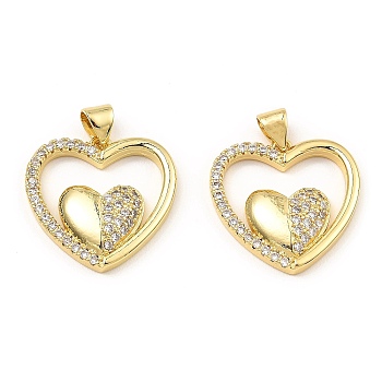 Rack Plating Brass Micro Pave Clear Cubic Zirconia Pendants, Heart, Real 16K Gold Plated, 20x20x3.5mm, Hole: 3.5x4mm