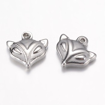 304 Stainless Steel Charms, Fox Head, Stainless Steel Color, 11x12x3.5mm, Hole: 1mm