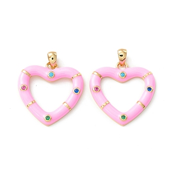 Rack Plating Brass Micro Pave Colorful Cubic Zirconia Pendants, with Enamel, Cadmium Free & Nickel Free & Lead Free, Real 18K Gold Plated, Heart, Pink, 21x20.5x2.5mm, Hole: 4.5x2mm