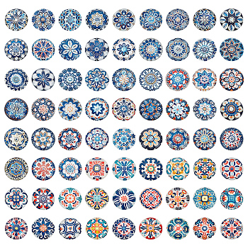 Glass Cabochons, Round with Flower, Mixed Color, 25x25x7mm, 24pcs/set