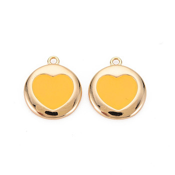Brass Enamel Pendants, Nickel Free, Real 18K Gold Plated, Flat Round with Heart, Goldenrod, 16x14x2mm, Hole: 1.2mm