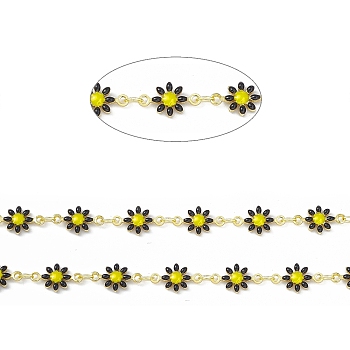 Handmade Eanmel Daisy Flower Link Chains, with Real 18K Gold Plated Brass Findings, Soldered, with Spool, Black, Link: 7.5x13x2mm