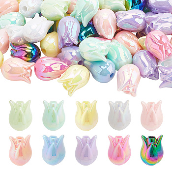 100Pcs 10 Colors UV Plated Acrylic Beads, Iridescent, Tulip Flower, Mixed Color, 16x12x12mm, Hole: 2.5mm, 10pcs/style